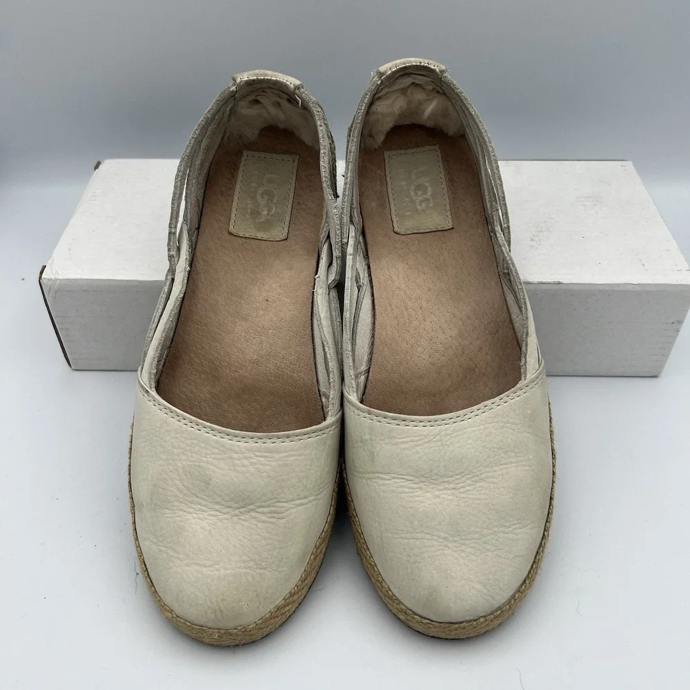 UGG Cicily Cream Leather Shearling Lined Espadrille Flats Ladies 6M